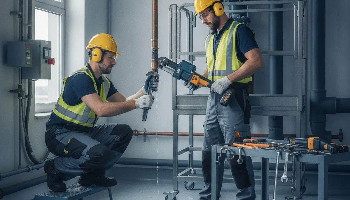 Emergency plumber in Columbus, OH repairing burst pipe leak in a home