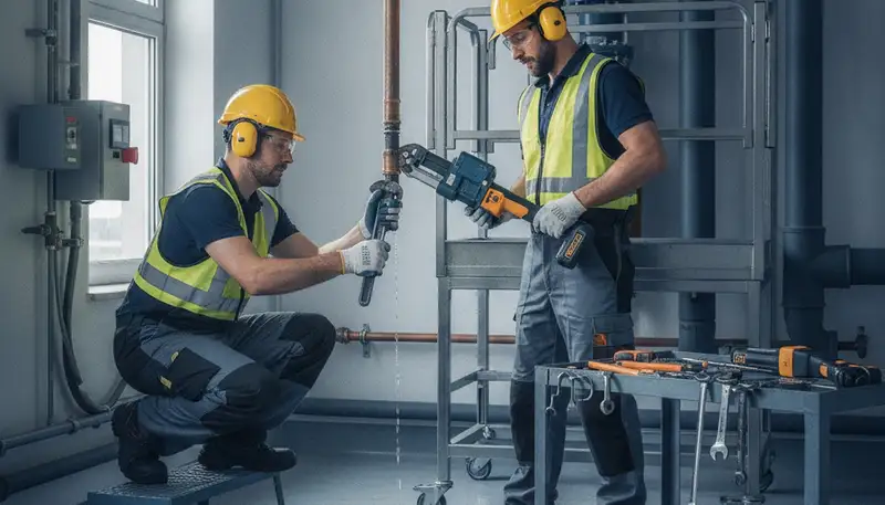 Emergency plumber in Columbus, OH repairing burst pipe leak in a home